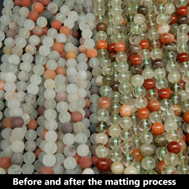 Matte finish frosted white and red phantom quartz beads.