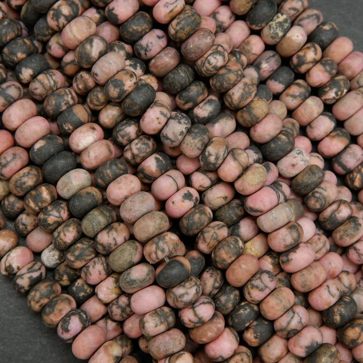 Rhodonite with matrix rondelle matte finish beads. Loose beads for jewelry making.
