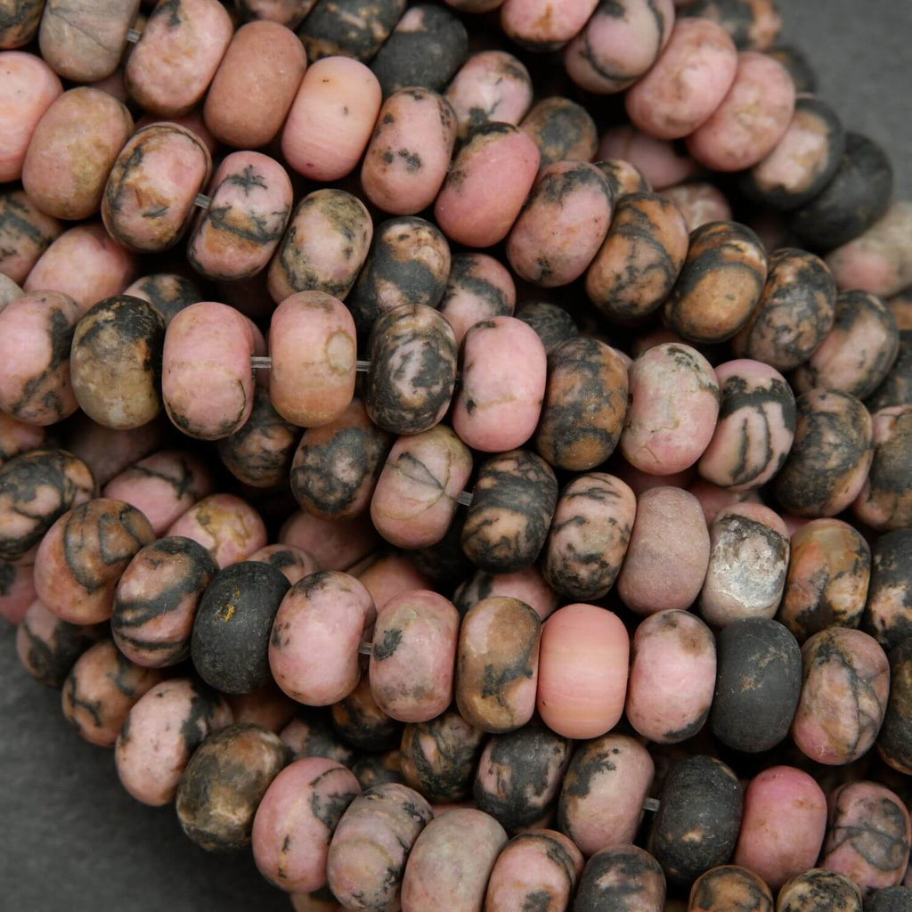 Rhodonite with matrix rondelle matte finish beads. Loose beads for jewelry making.