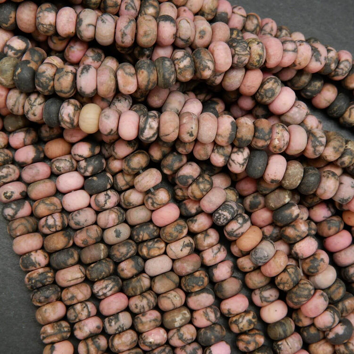Rhodonite with matrix rondelle matte finish beads. Loose beads for jewelry making.