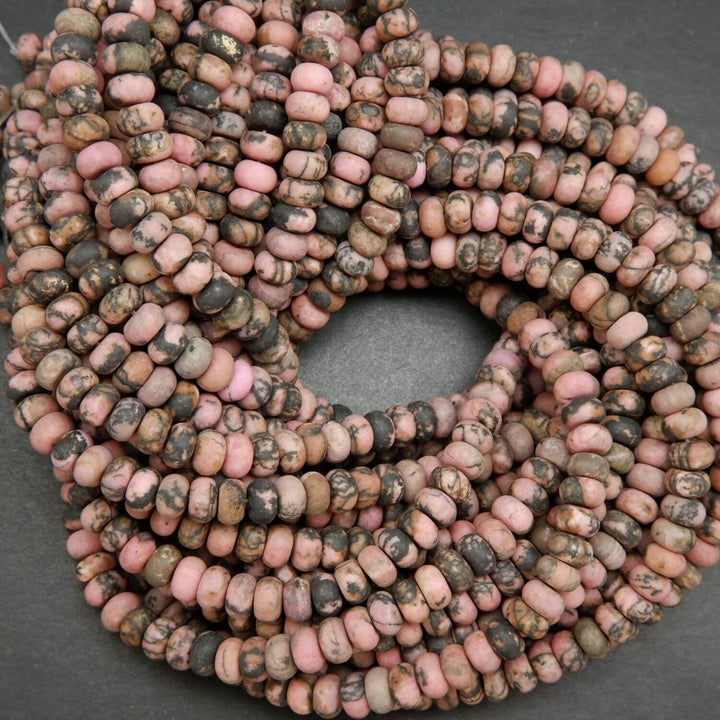 Rhodonite with matrix rondelle matte finish beads. Loose beads for jewelry making.