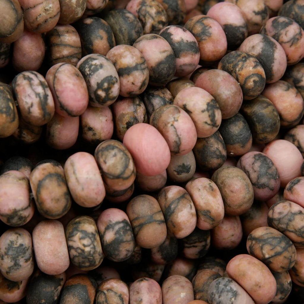 Rhodonite with matrix rondelle matte finish beads. Loose beads for jewelry making.