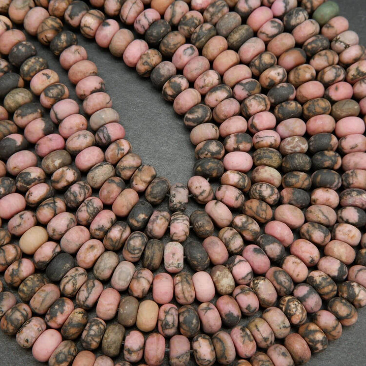 Rhodonite with matrix rondelle matte finish beads. Loose beads for jewelry making.