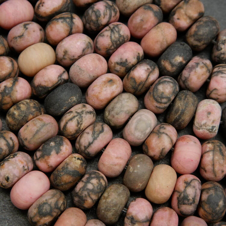 Rhodonite with matrix rondelle matte finish beads. Loose beads for jewelry making.