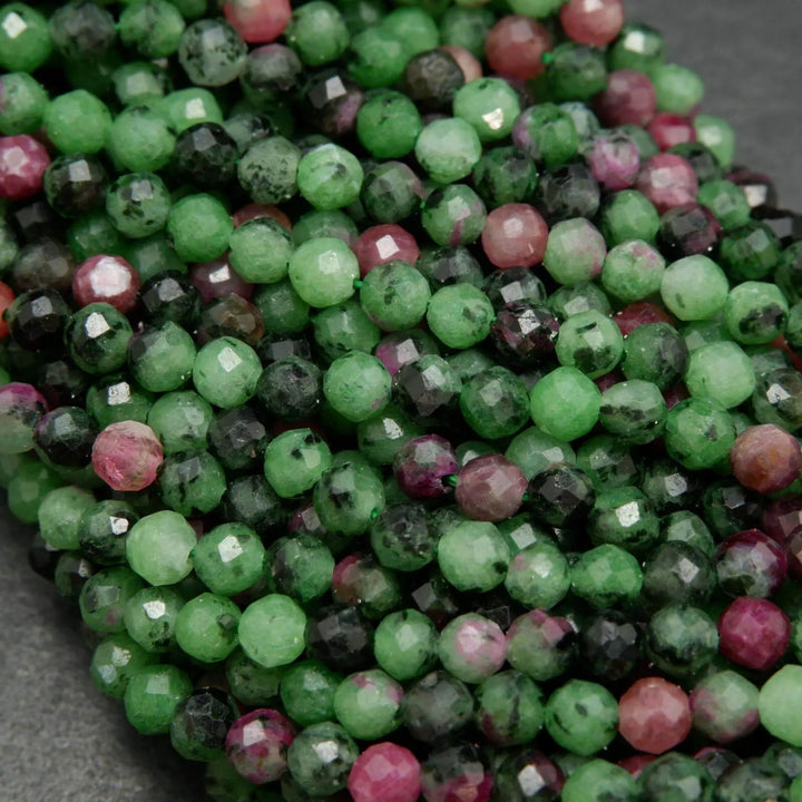 Microfaceted Ruby Zoisite Beads. 