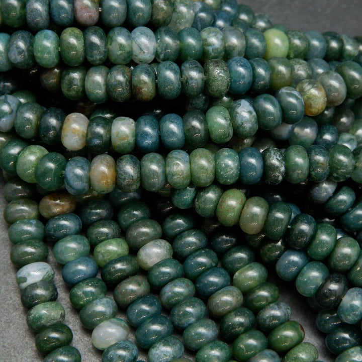 Moss agate rondelle beads.