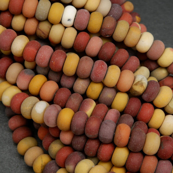 Red and yellow rondelle shape mookaite jasper loose beads with matte finish.