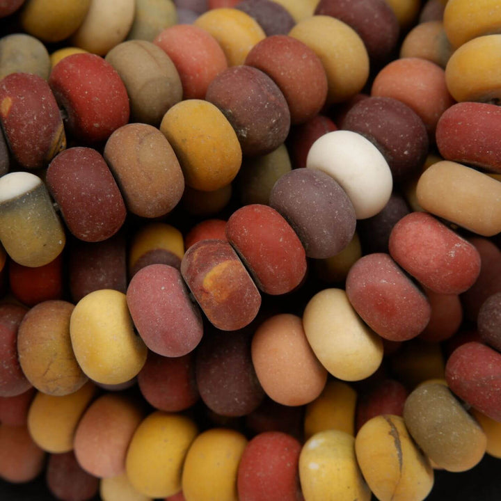 Red and yellow rondelle shape mookaite jasper loose beads with matte finish.