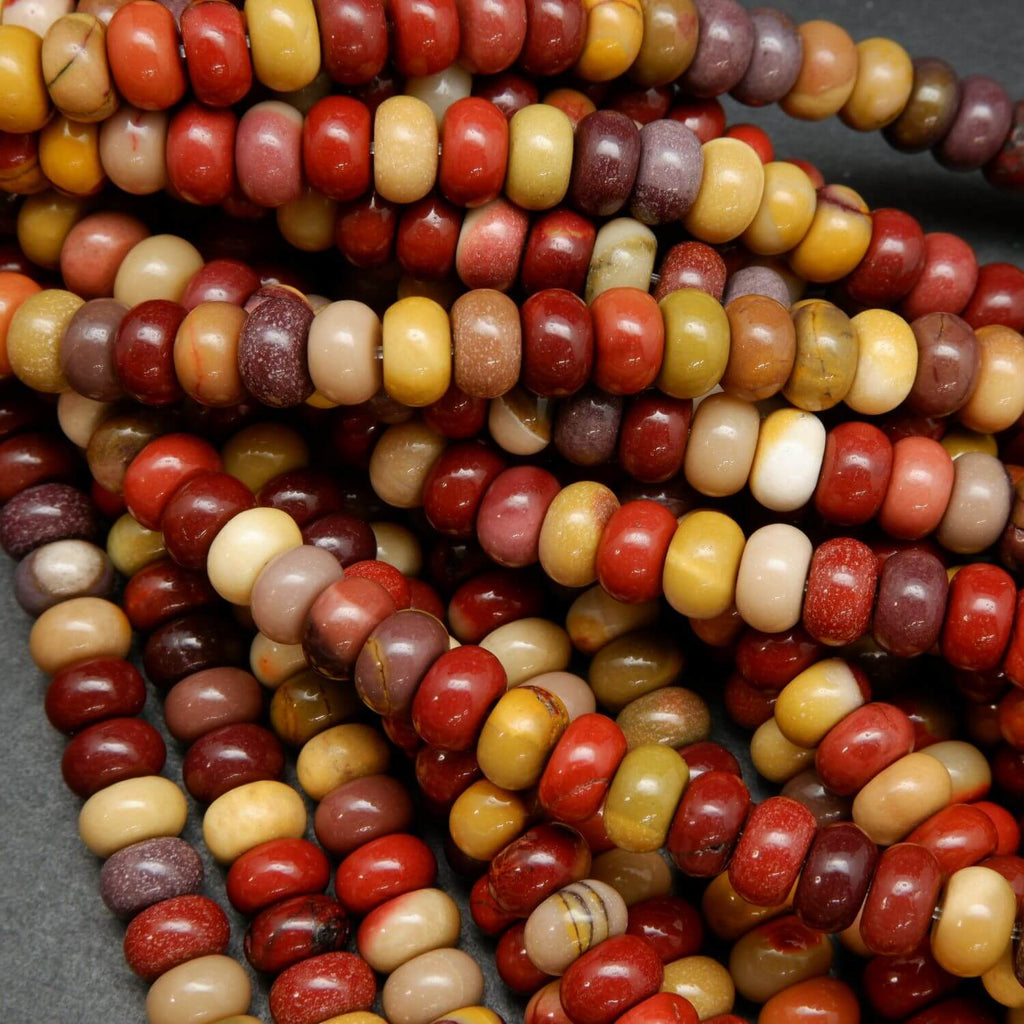 Red and yellow rondelle shape mookaite jasper loose beads.