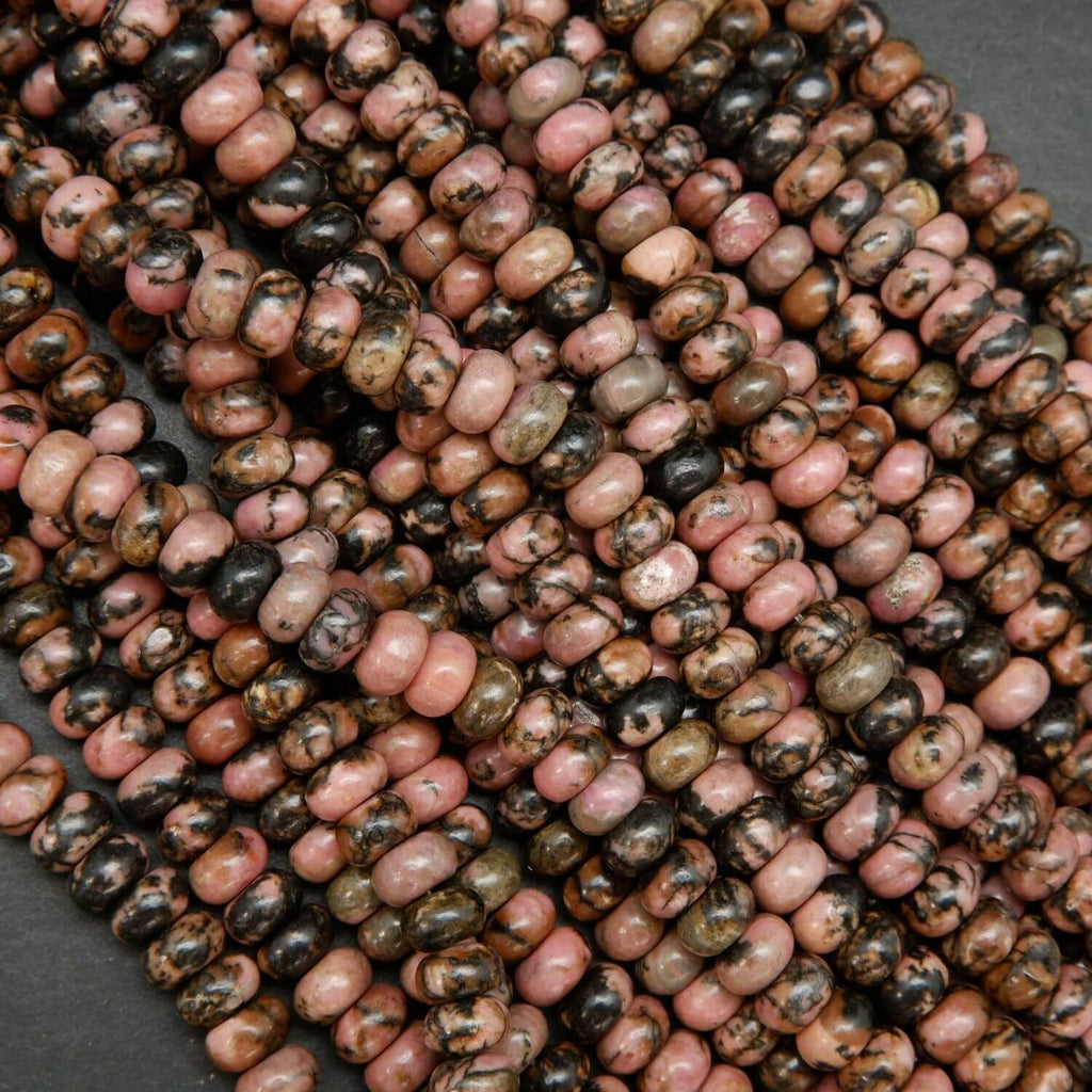 Pink rhodonite with matrix rondelle beads. Loose beads for jewelry making.