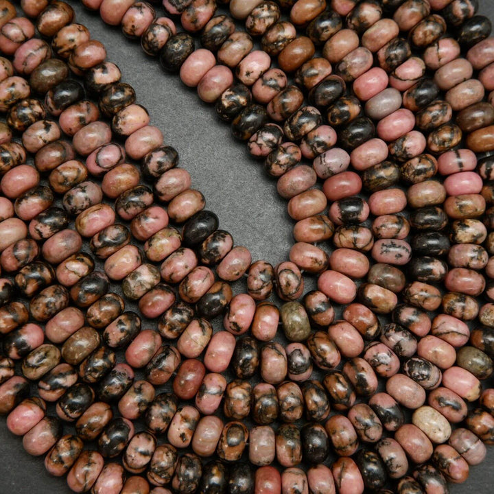 Pink rhodonite with matrix rondelle beads. Loose beads for jewelry making.