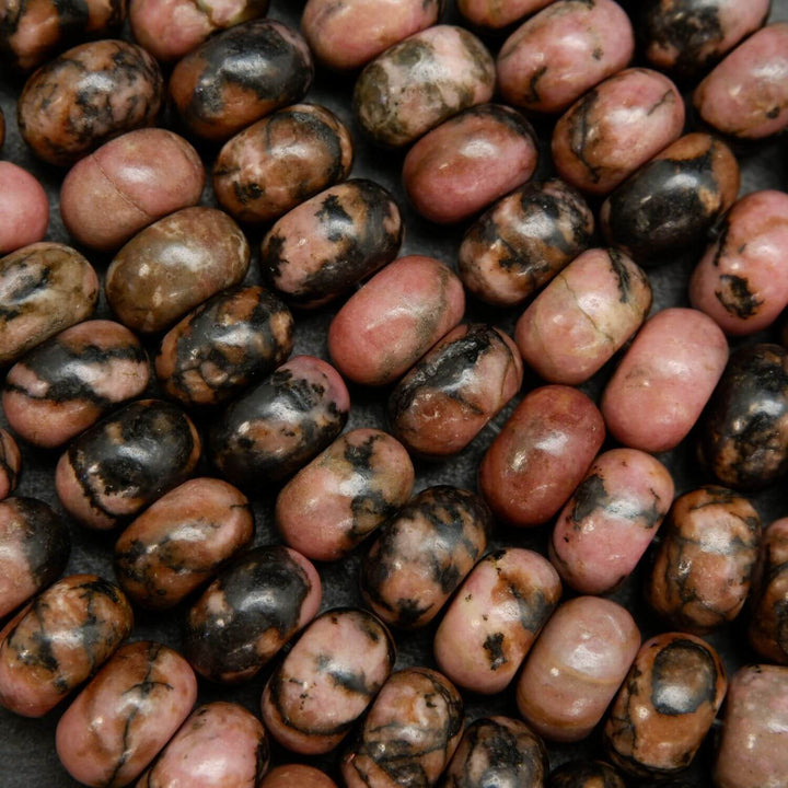 Pink rhodonite with matrix rondelle beads. Loose beads for jewelry making.