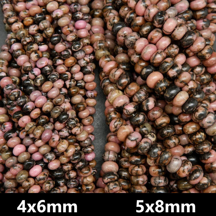 Pink rhodonite with matrix rondelle beads. Loose beads for jewelry making.
