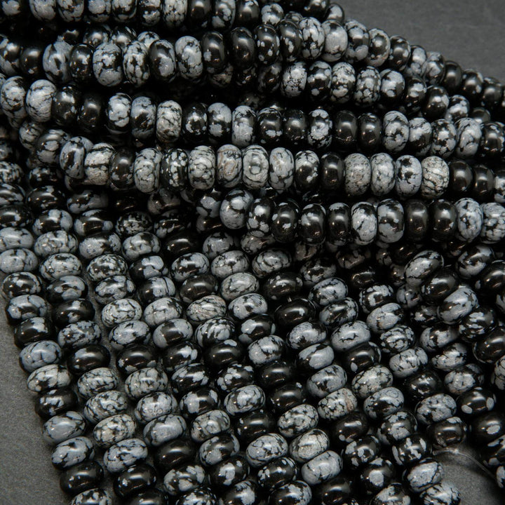 Snowflake Obsidian Rondelle Beads. Black and grey beads.