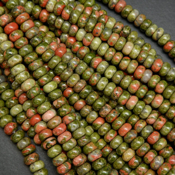 Polished finish green and orange unakite rondelle beads.