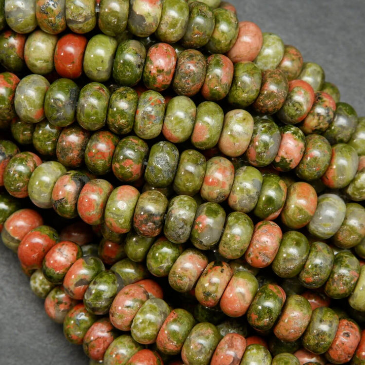 Polished finish green and orange unakite rondelle beads.