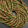 Polished finish green and orange unakite rondelle beads.