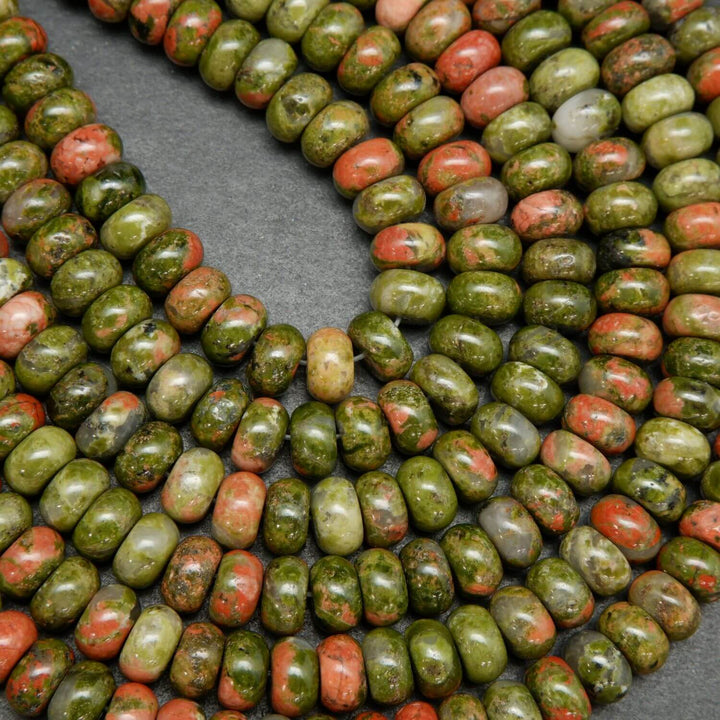 Polished finish green and orange unakite rondelle beads.