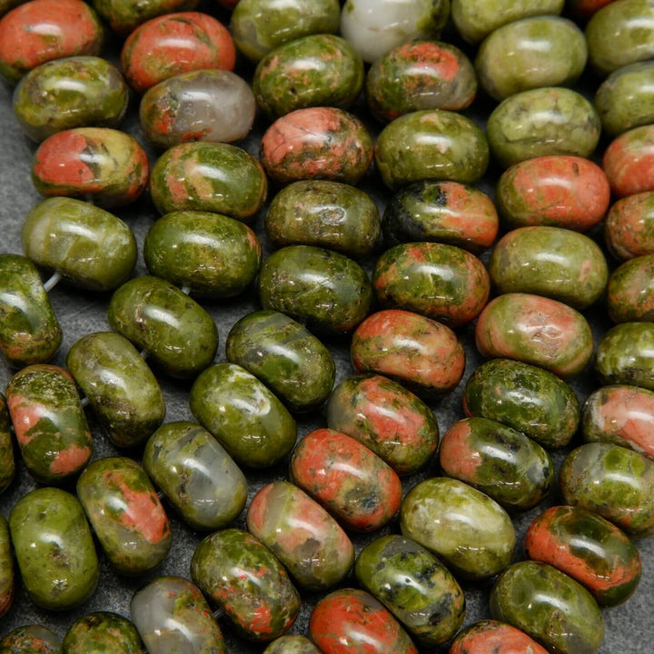 Polished finish green and orange unakite rondelle beads.