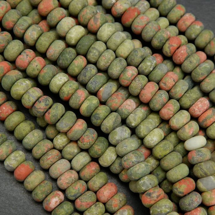 Matte Finish Green and Orange Unakite Rondelle Shape Beads.