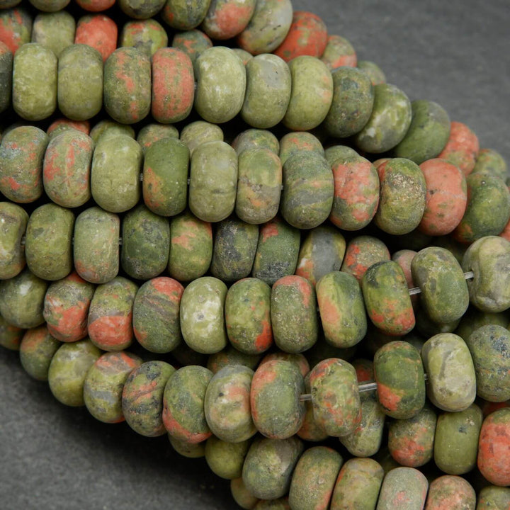 Matte Finish Green and Orange Unakite Rondelle Shape Beads.