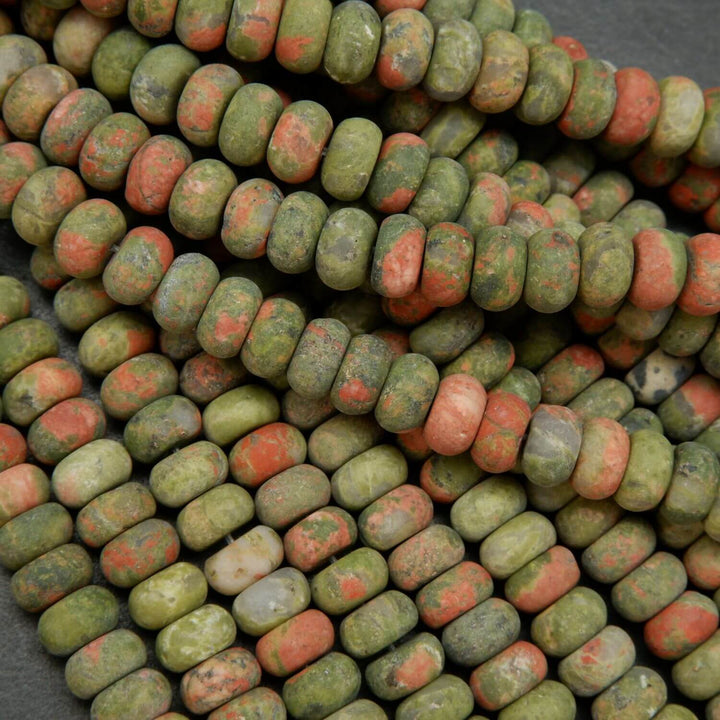 Matte Finish Green and Orange Unakite Rondelle Shape Beads.