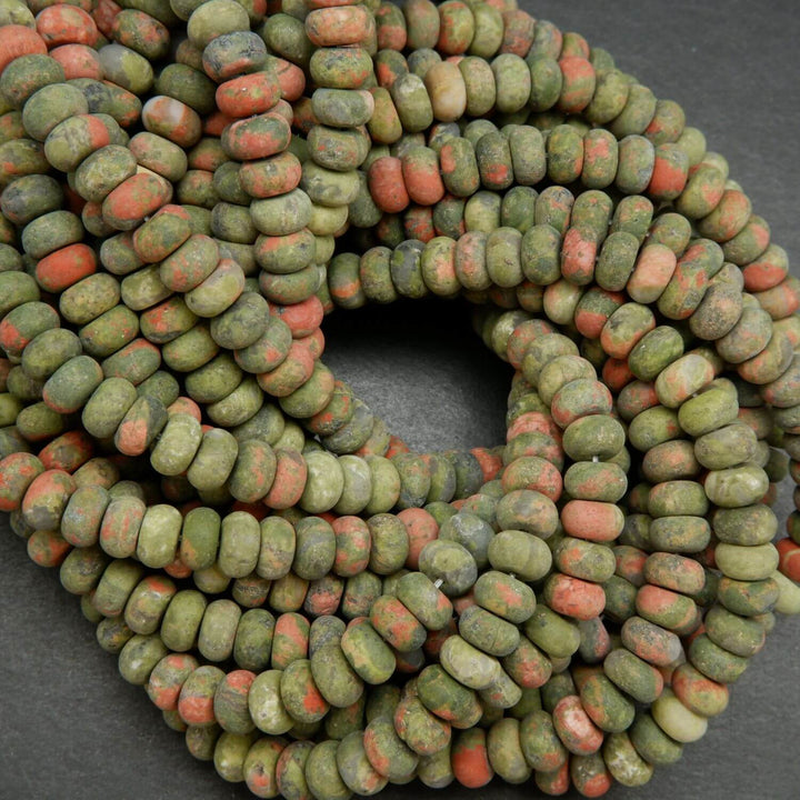 Matte Finish Green and Orange Unakite Rondelle Shape Beads.
