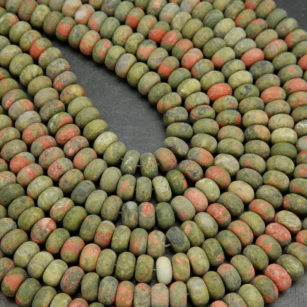 Matte Finish Green and Orange Unakite Rondelle Shape Beads.
