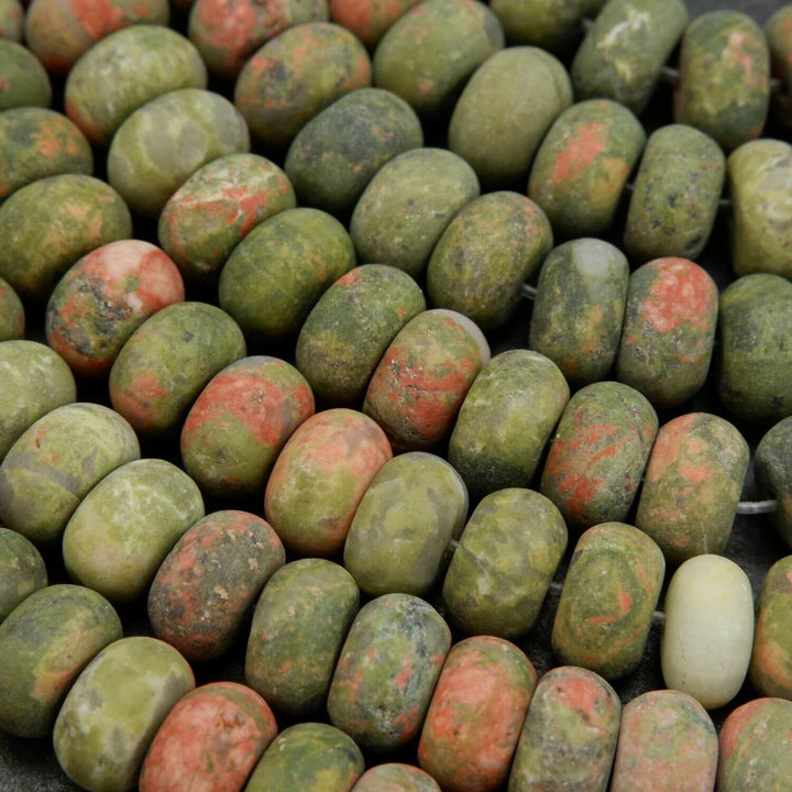 Matte Finish Green and Orange Unakite Rondelle Shape Beads.